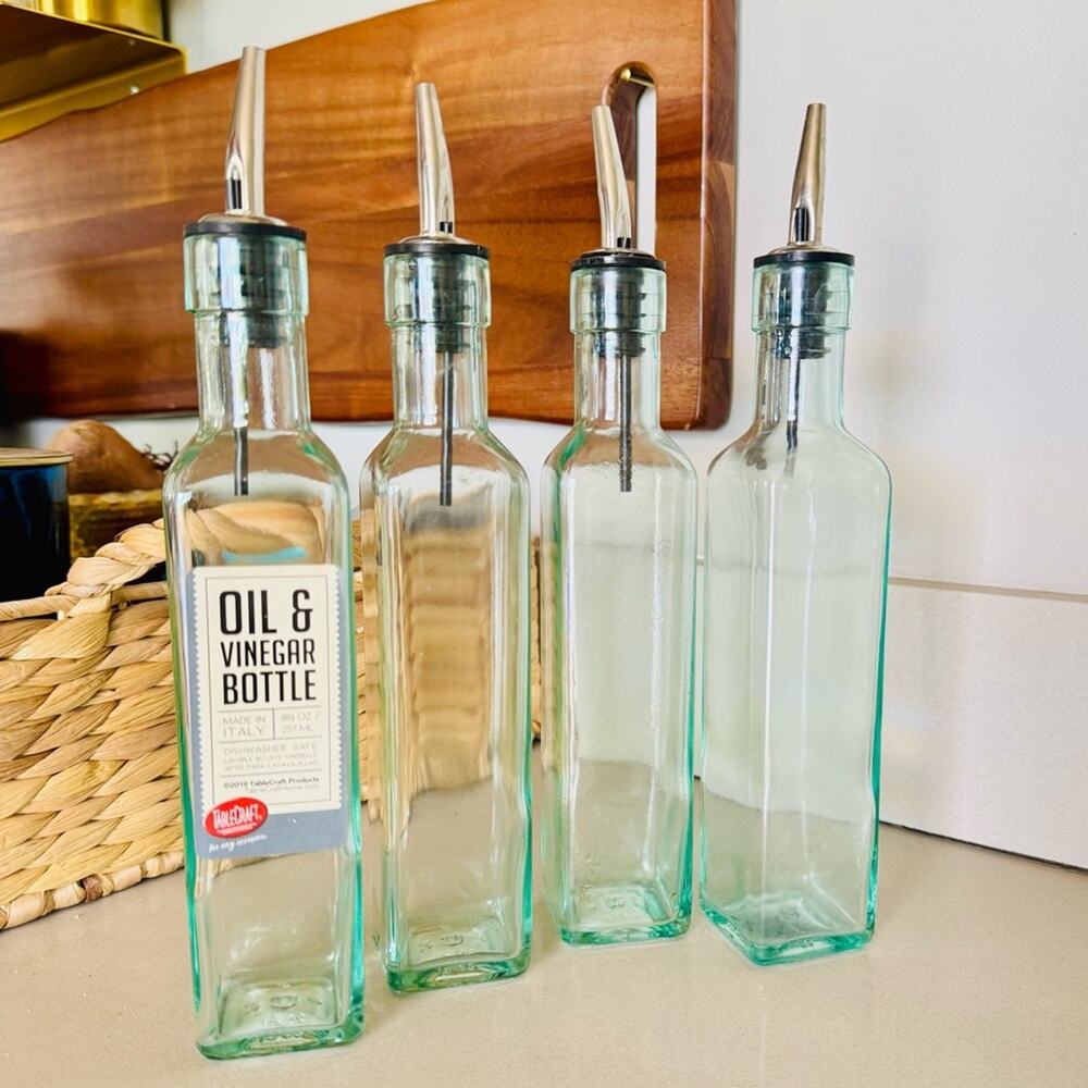 4 POTTERY BARN ITALY Clear Green Glass Olive Oil Bottle Dispenser Silver Spout
